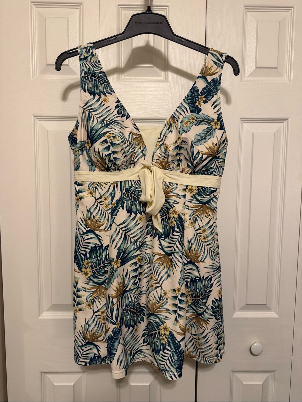 Tropical Print V-Neck Women’s Swimdress in Cream and Green